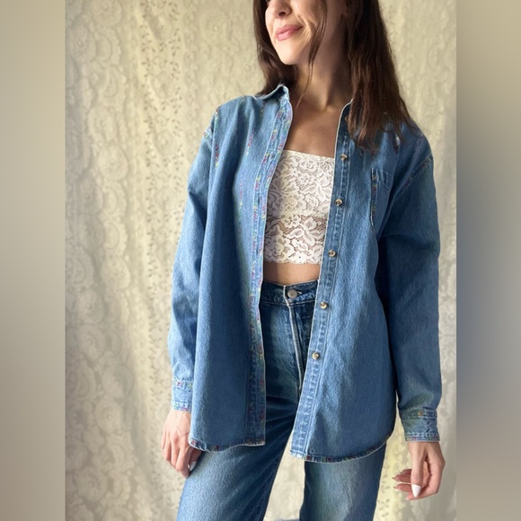 Vintage 90s Denim Button Up Shirt With Rainbow Floral Embroidery Boxy Fit - Picture 5 of 14